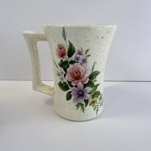 Speckled Ceramic Mug Flower Motif Pink Roses Purple White Yellow Angular Handle